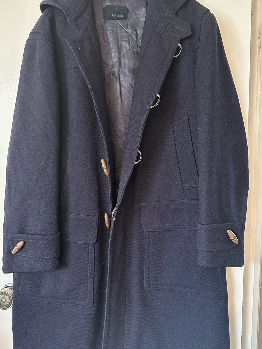 Bogner men’s size 50 navy wool duffle coat hooded toggle vintage